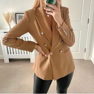 NEW WOMAN DOUBLE-BREASTED PIQUÉ BLAZER TAILORED JACKET CAMEL  XS